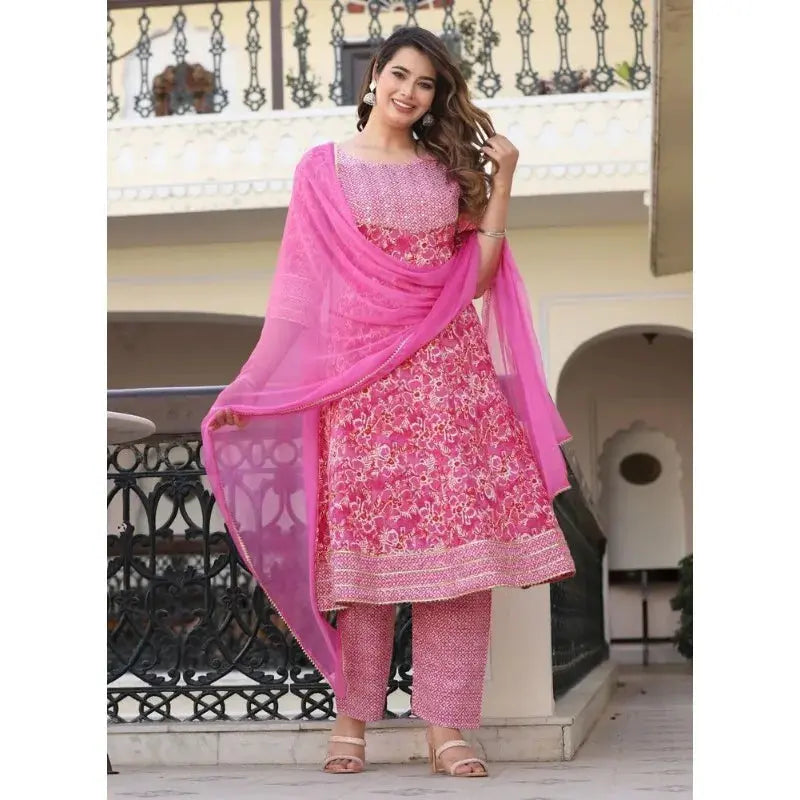 Embroidered Pink Anarkali Kurti with Pant & Dupatta - SPINGHAR