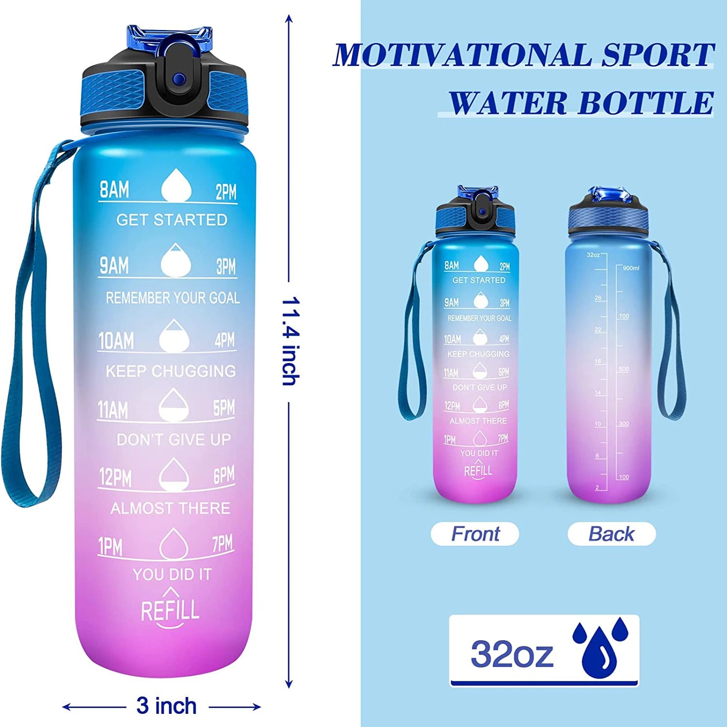 1000ML Water Bottle With Time Marker Plastic Motivational Water Bottle Drinking Bottle for Gym Sports Outdoor Travel Work 1PC SPINGHAR